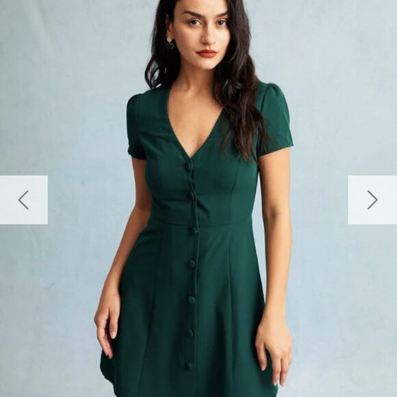 RIOHAS The Dark Green V Neck Button-up Shirt Mini Dress - Picture 7 of 8